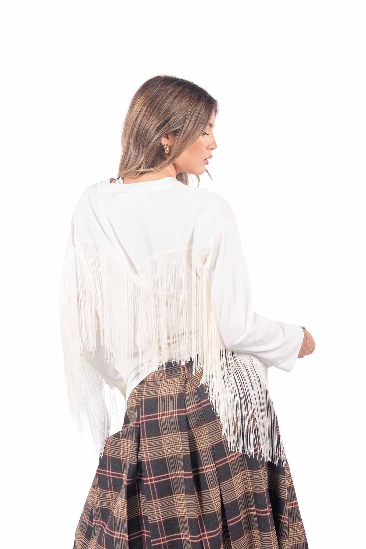 Maglia Panna a Maniche Lunghe con Frange donna Tensione in - 3