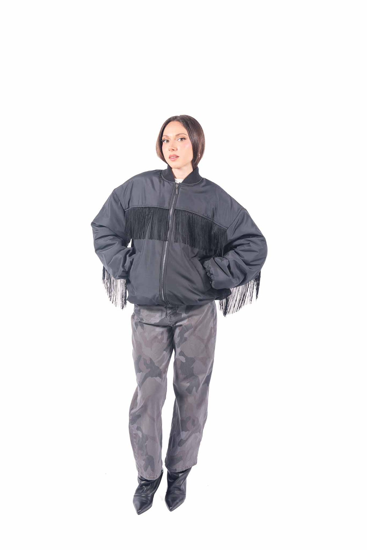 Bomber Nero Oversize con Frange donna Tensione in - 5