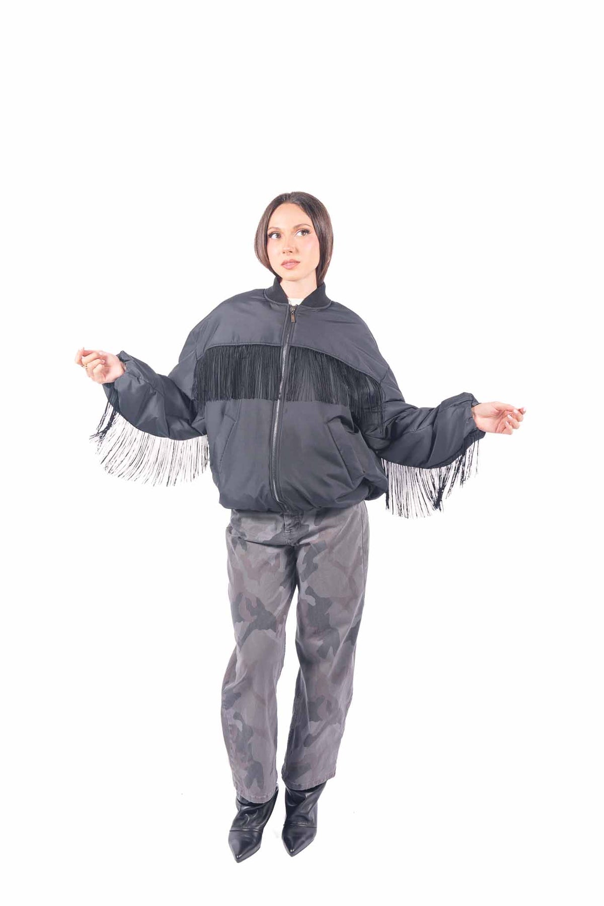 Bomber Nero Oversize con Frange donna Tensione in - 3