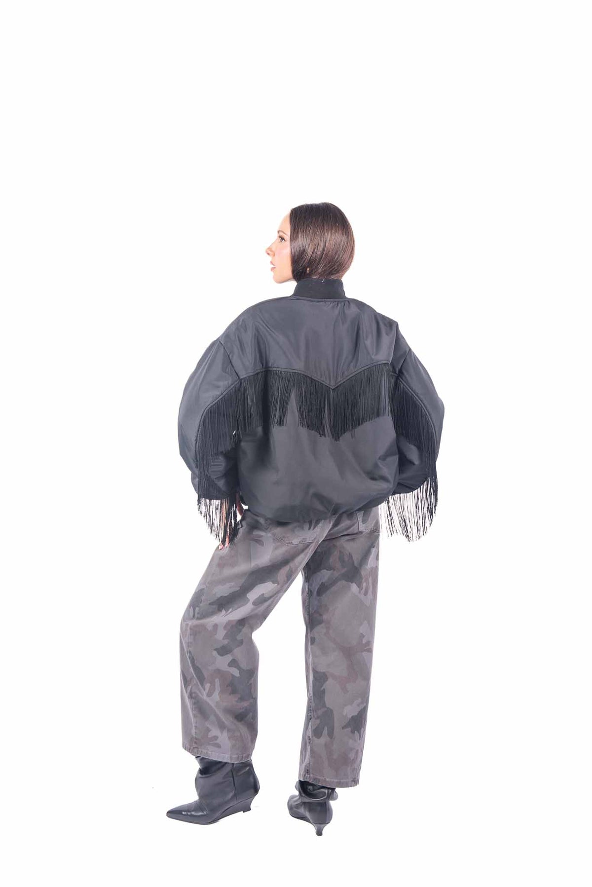 Bomber Nero Oversize con Frange donna Tensione in - 4