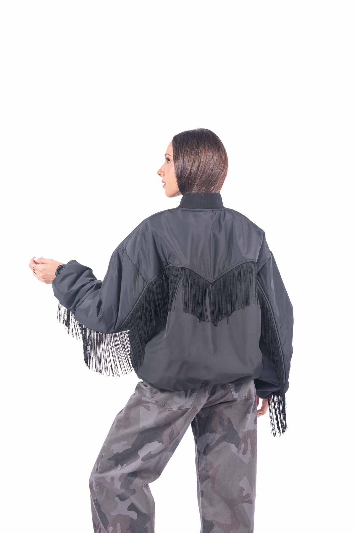 Bomber Nero Oversize con Frange donna Tensione in - 2