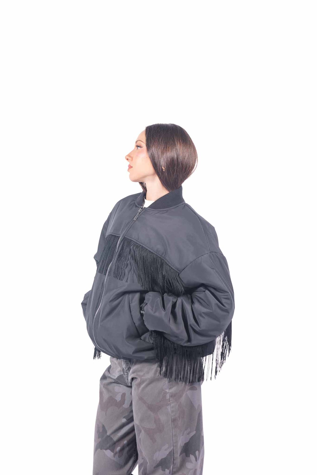 Bomber Nero Oversize con Frange donna Tensione in - 6
