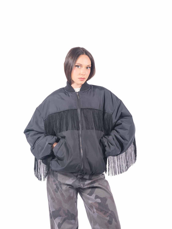 Bomber Nero Oversize con Frange da donna Tensione in