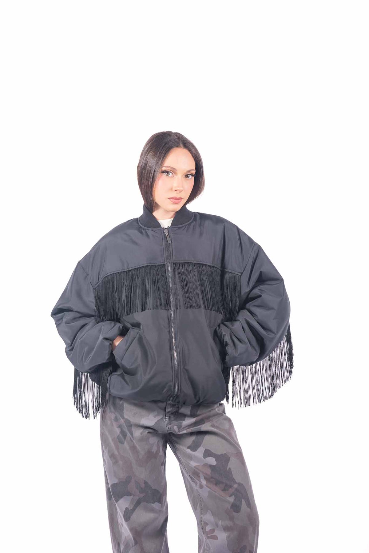 Bomber Nero Oversize con Frange donna Tensione in - 1