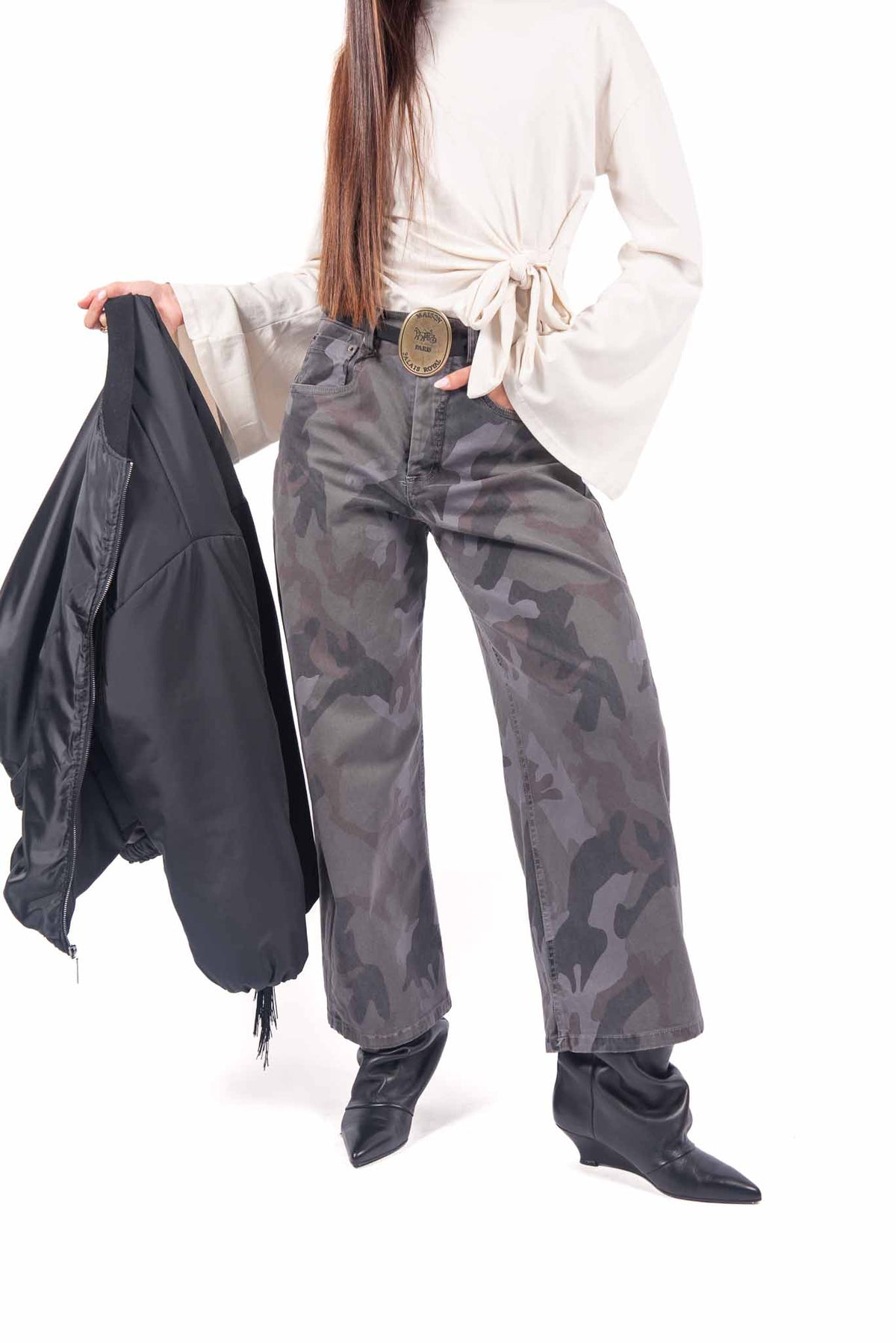 Pantaloni Palazzo Grigi Stampa Camouflage donna Tensione in - 1