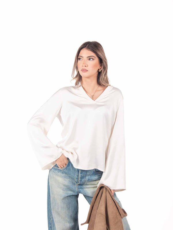 Blusa in Satin Panna con Scollo a V da donna Tensione in