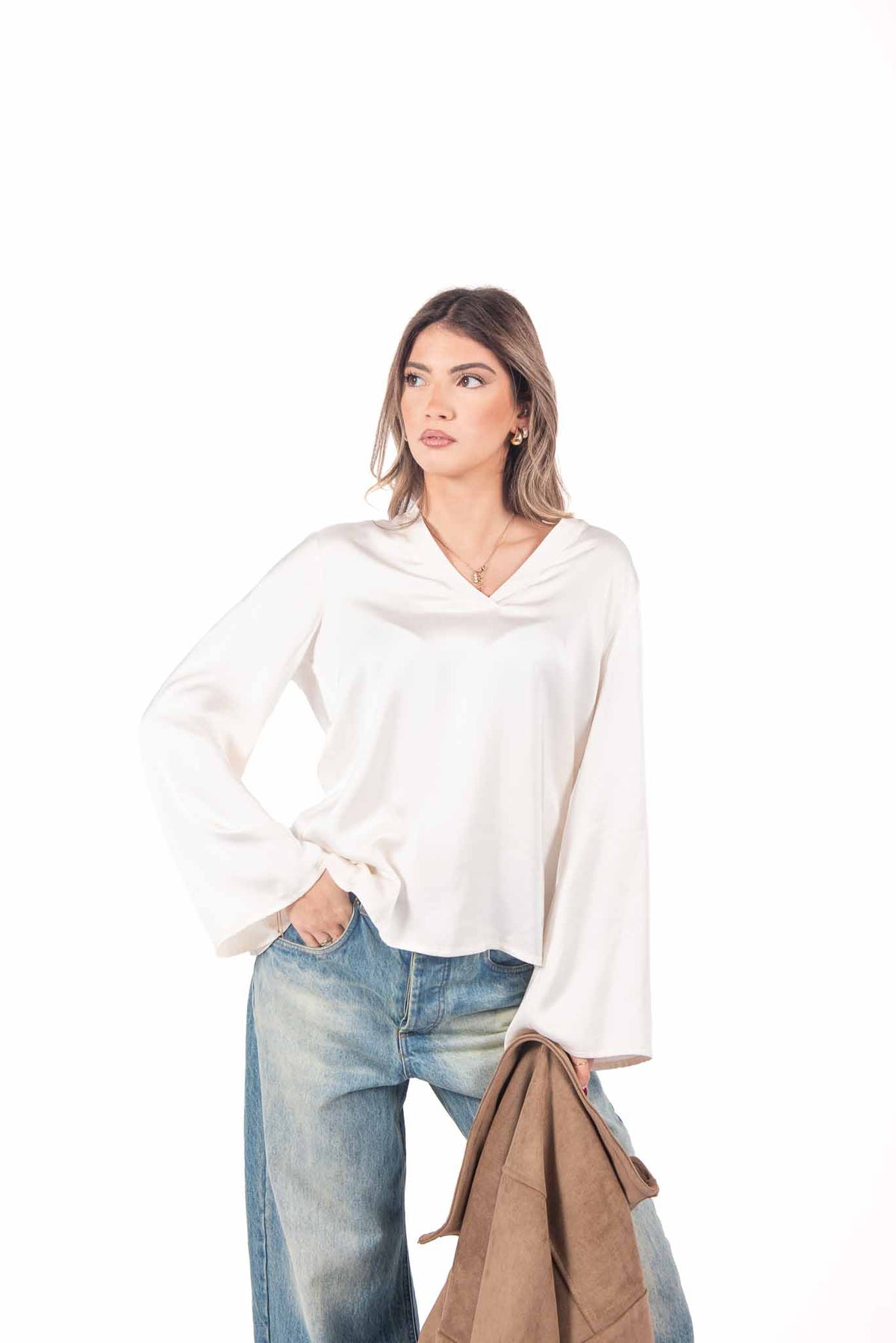 Blusa in Satin Panna con Scollo a V donna Tensione in - 1