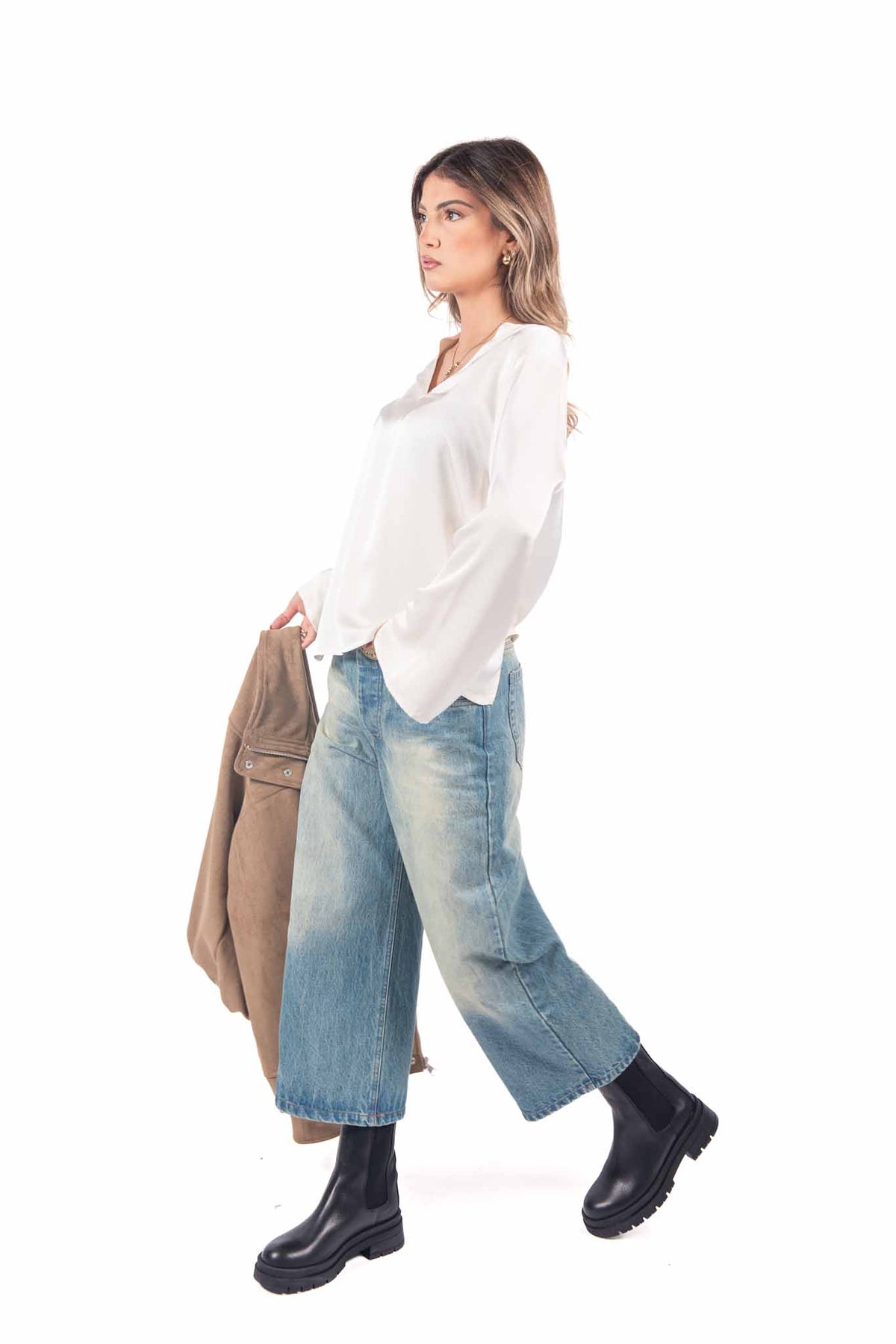 Blusa in Satin Panna con Scollo a V donna Tensione in - 5