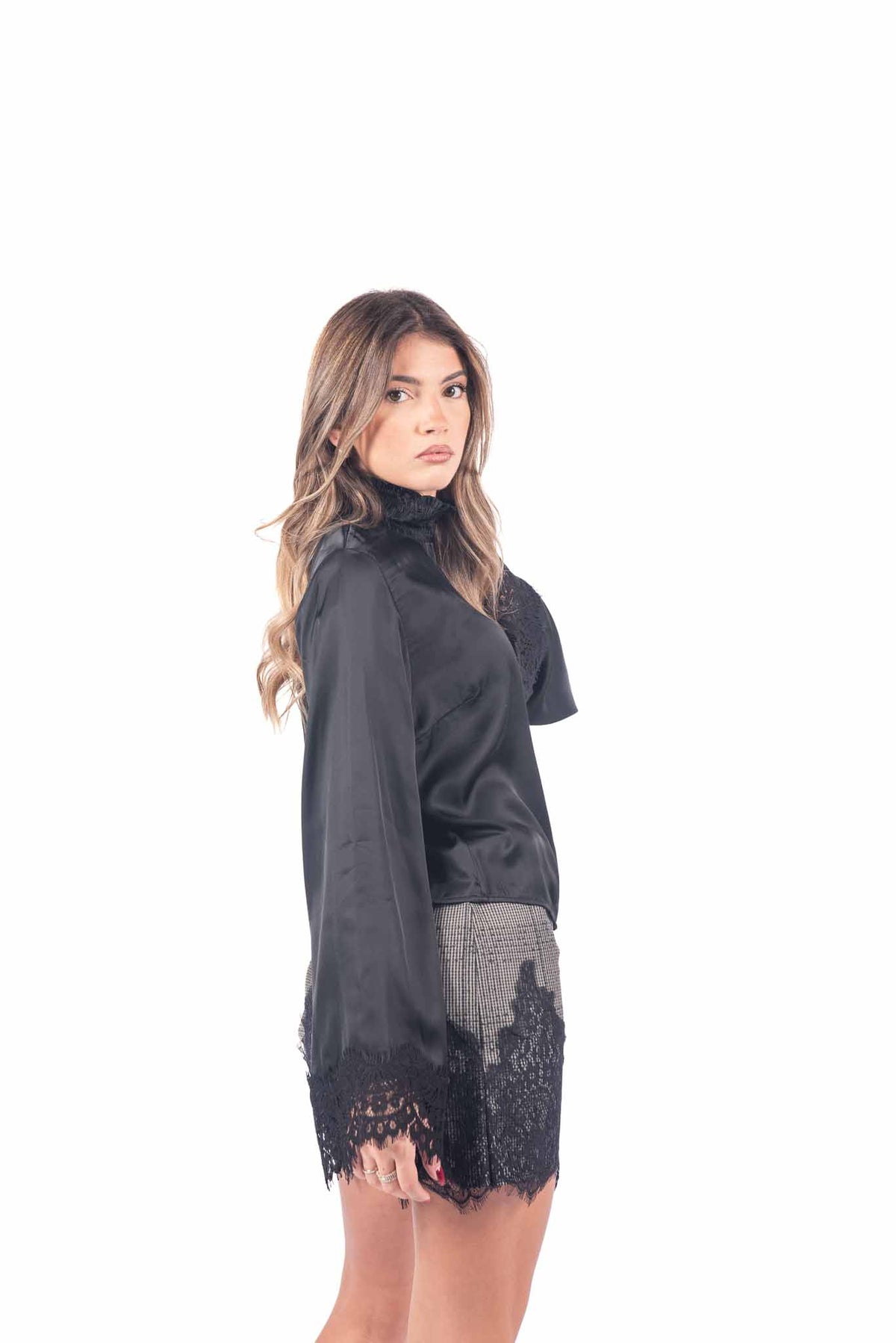 Blusa Nera in Satin con Pizzo donna Tensione in - 2