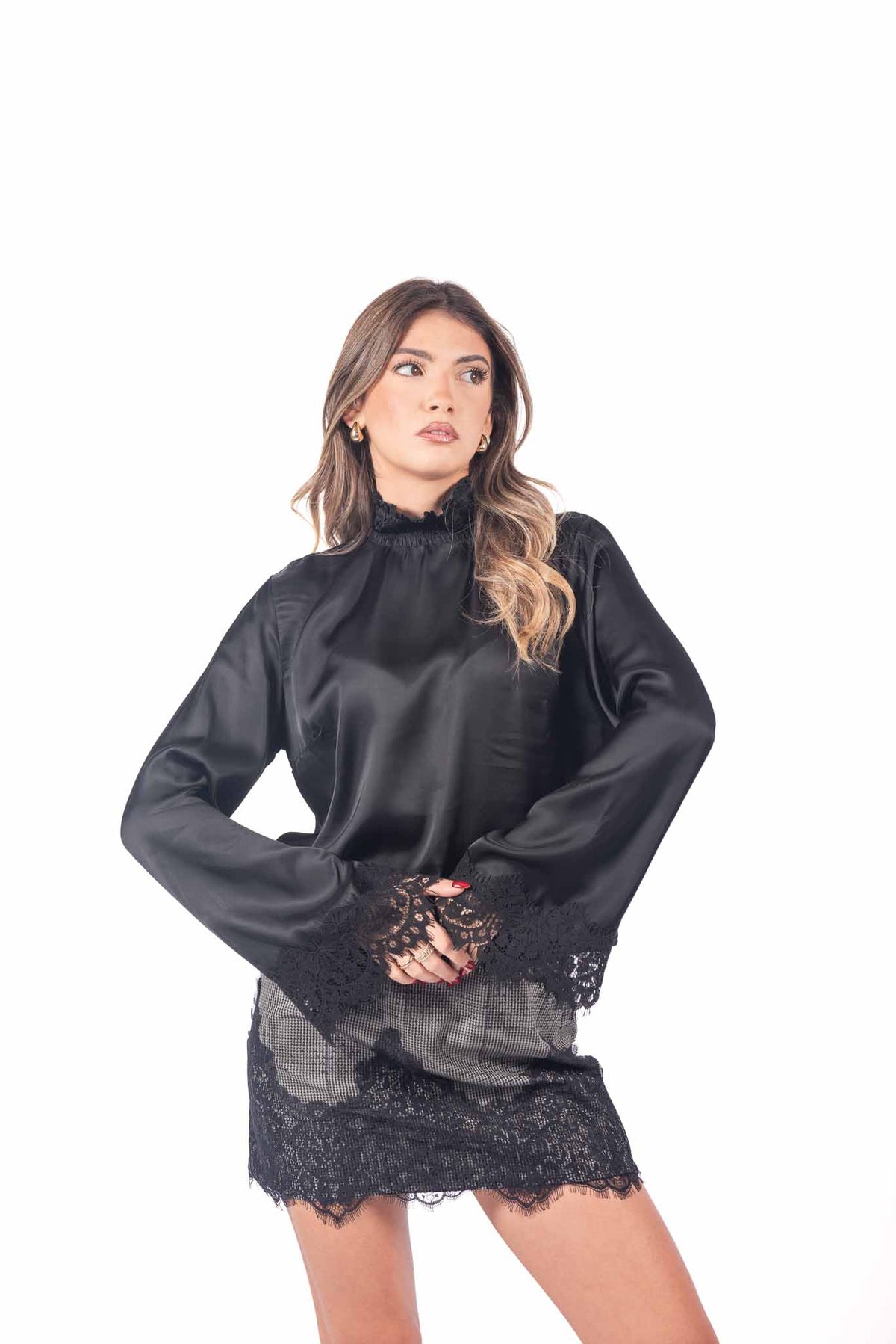 Blusa Nera in Satin con Pizzo donna Tensione in - 3