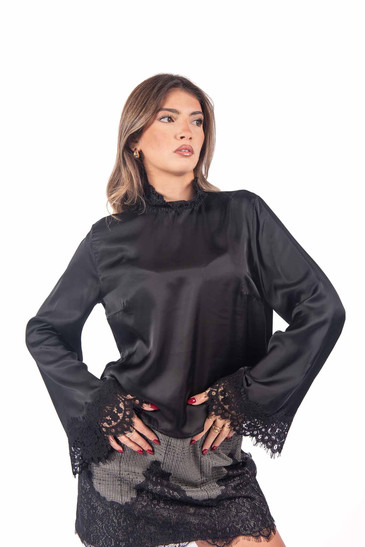 Blusa Nera in Satin con Pizzo donna Tensione in - 6