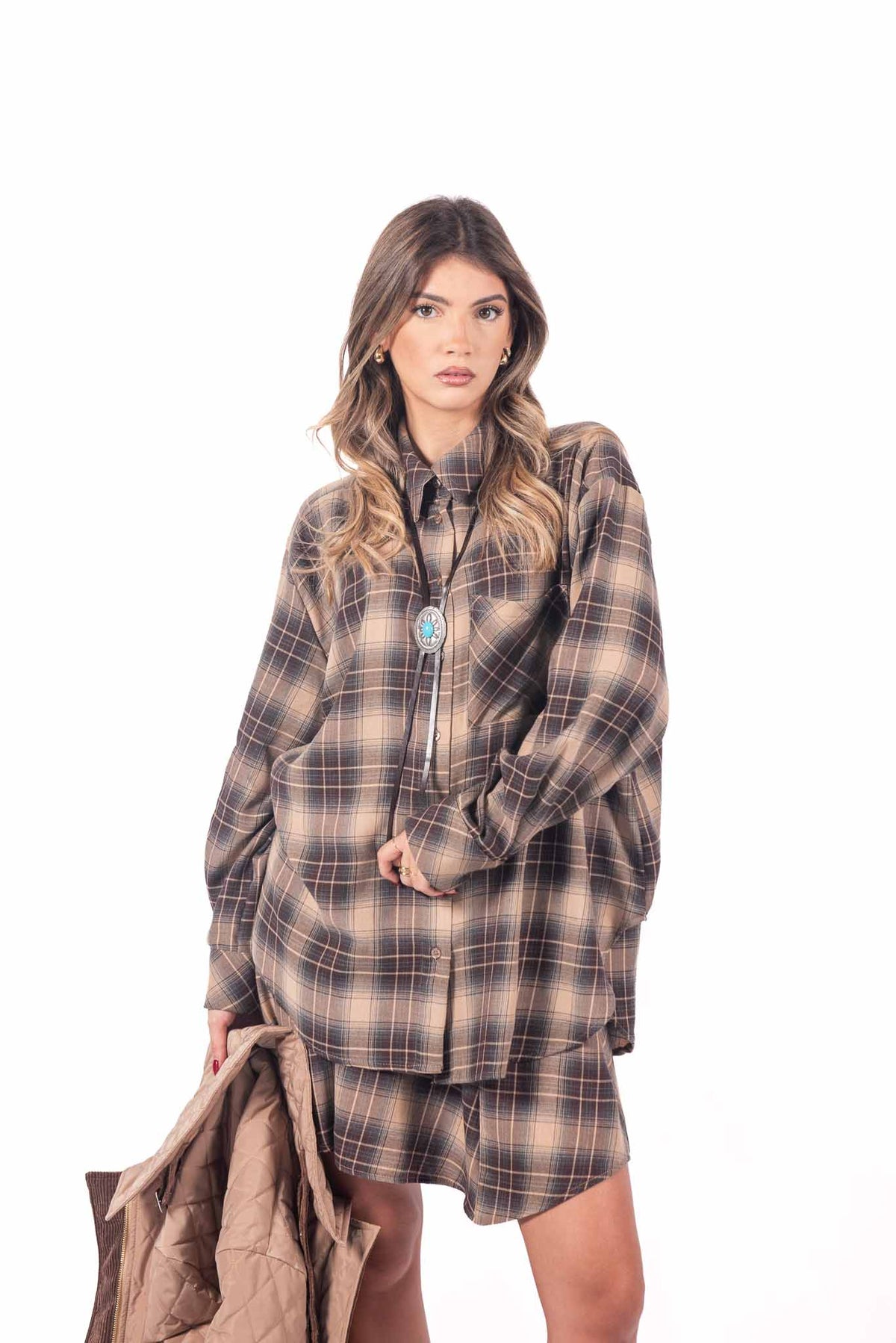 Camicia Oversize a Quadri Tartan con Bolo Tie Western donna Tensione in - 4