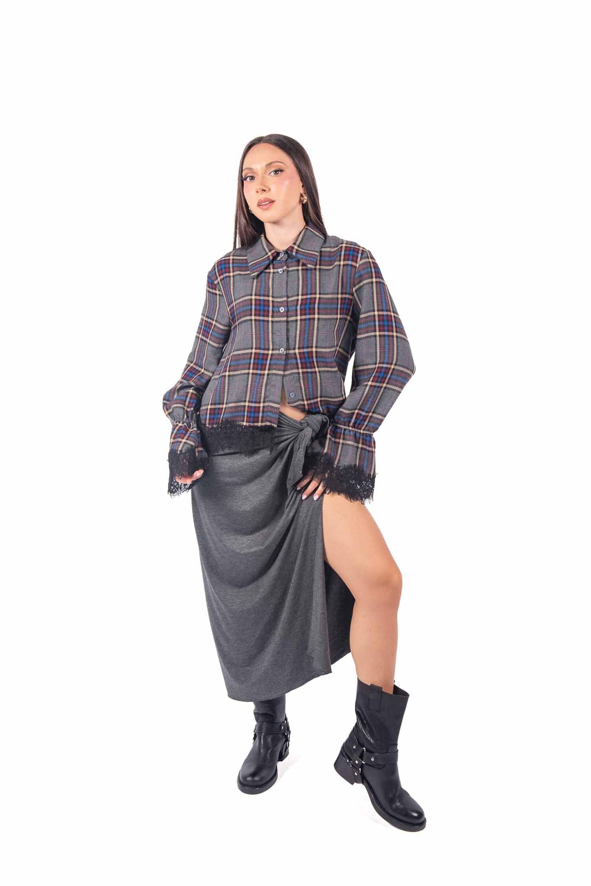 Camicia Crop Tartan con Pizzo donna Tensione in - 5