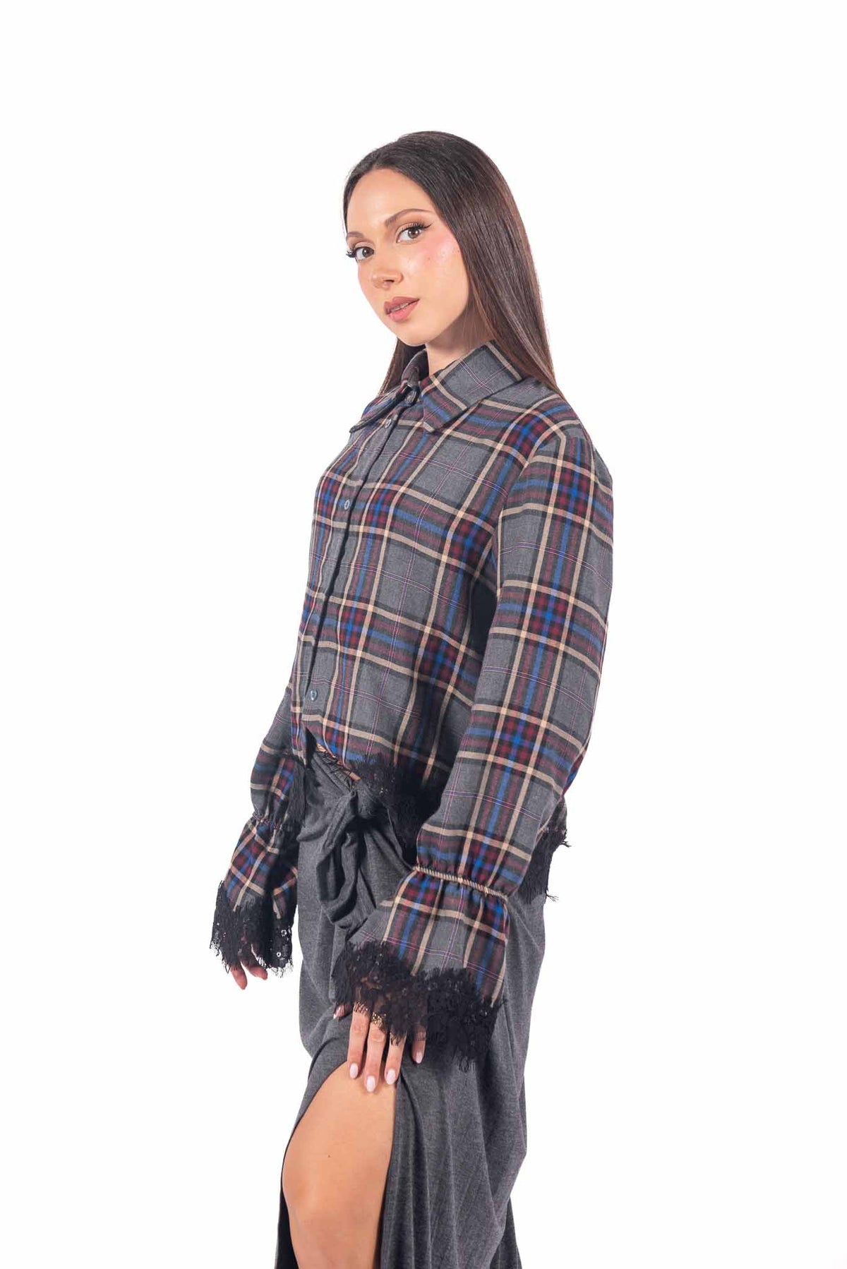 Camicia Crop Tartan con Pizzo donna Tensione in - 3