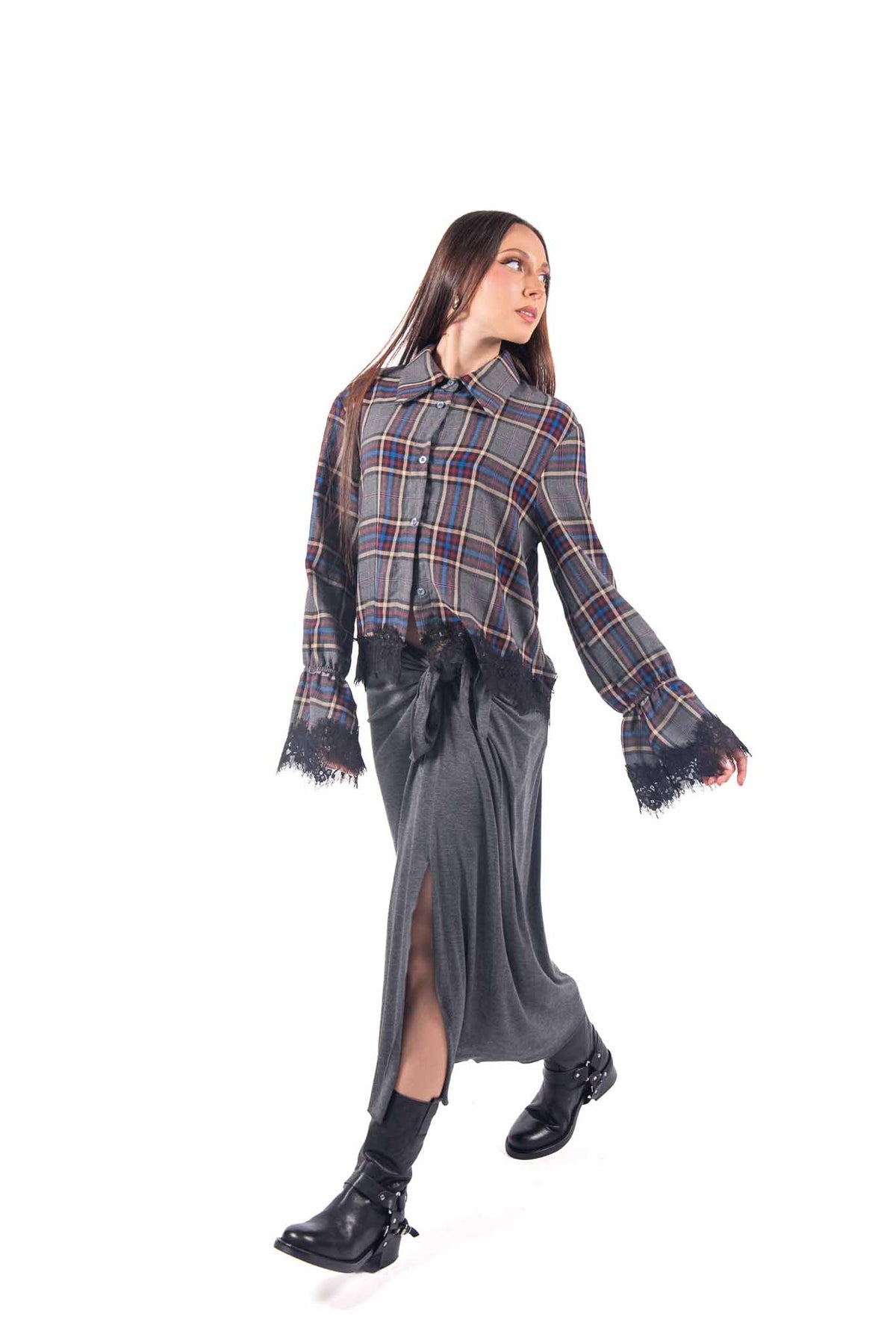 Camicia Crop Tartan con Pizzo donna Tensione in - 6