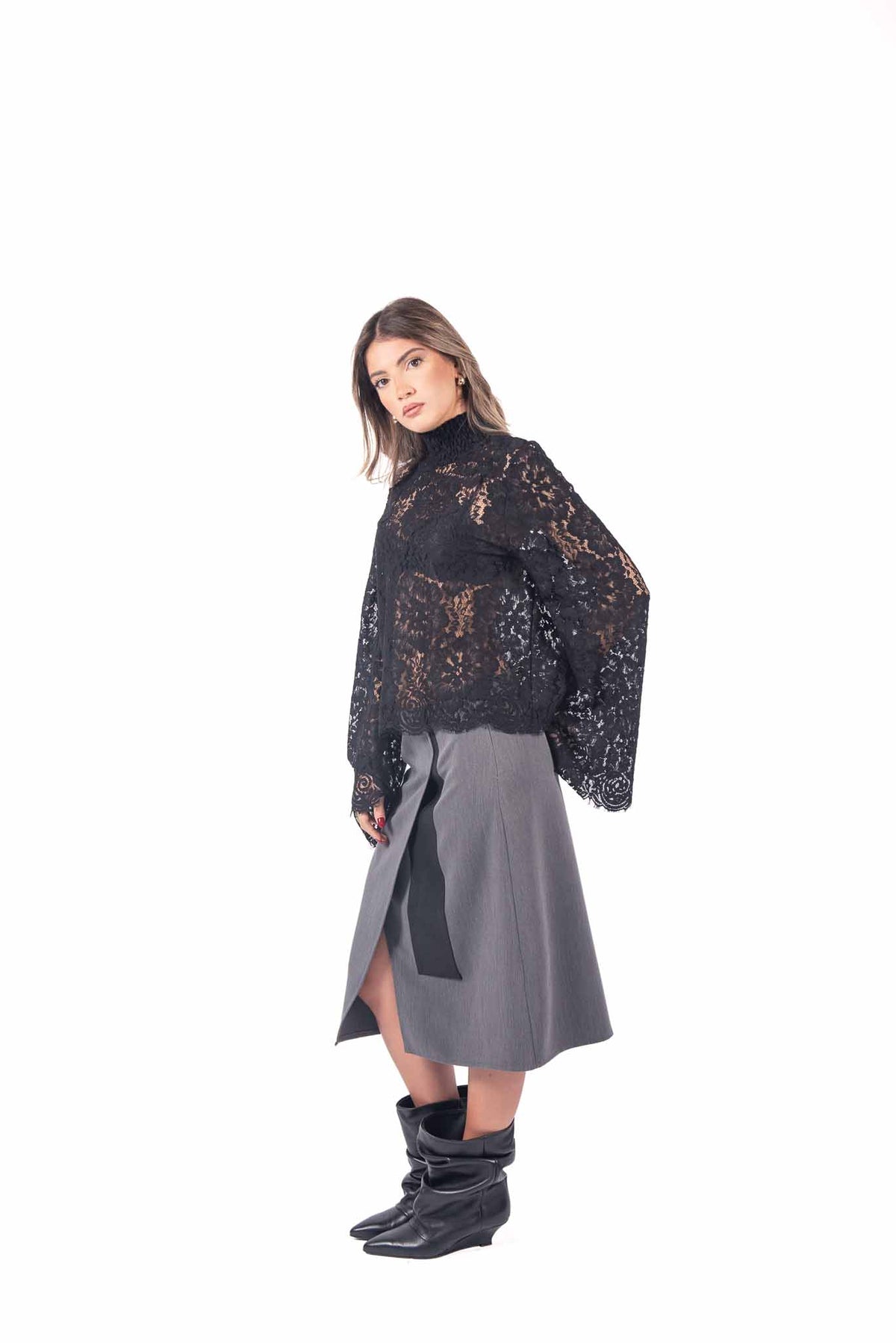 Blusa Nera in Pizzo Collo Arricciato donna Tensione in - 2