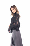Blusa Nera in Pizzo Collo Arricciato donna Tensione in - 4