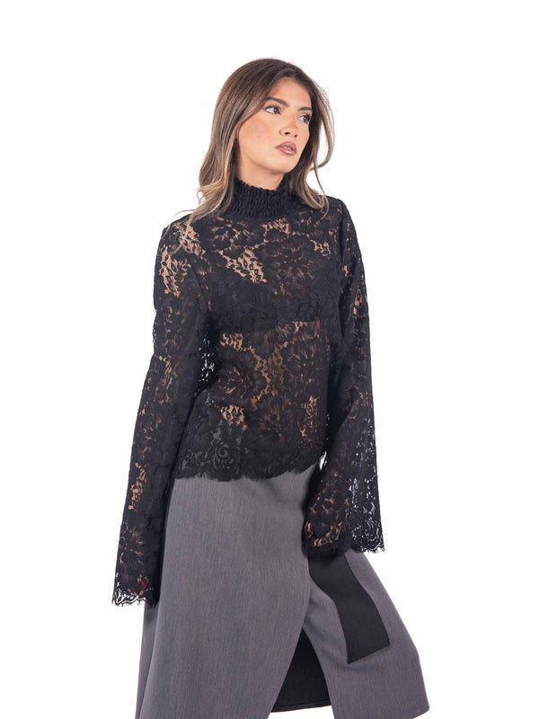 Blusa Nera in Pizzo Collo Arricciato da donna Tensione in