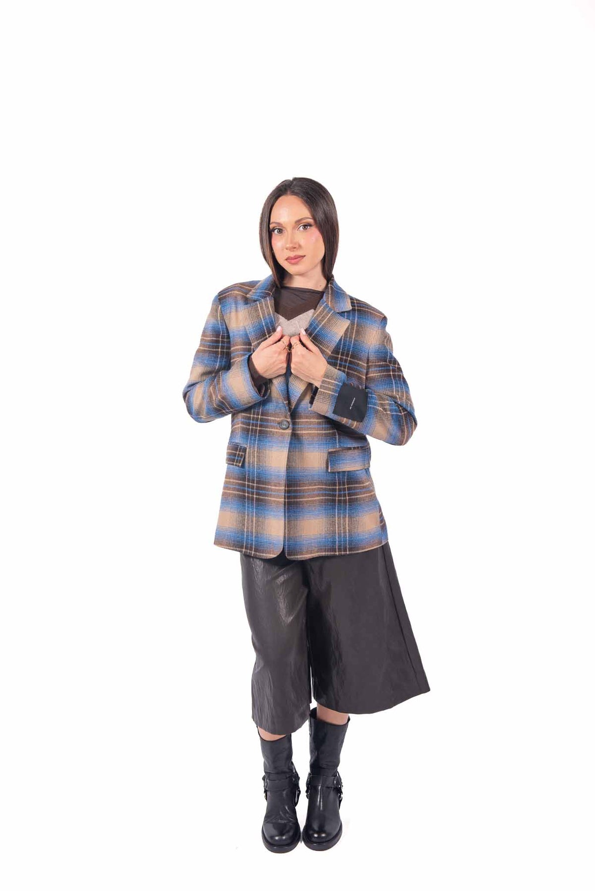 Blazer Sartoriale Tartan Blu/Cammello Monobottone. donna Tensione in - 2