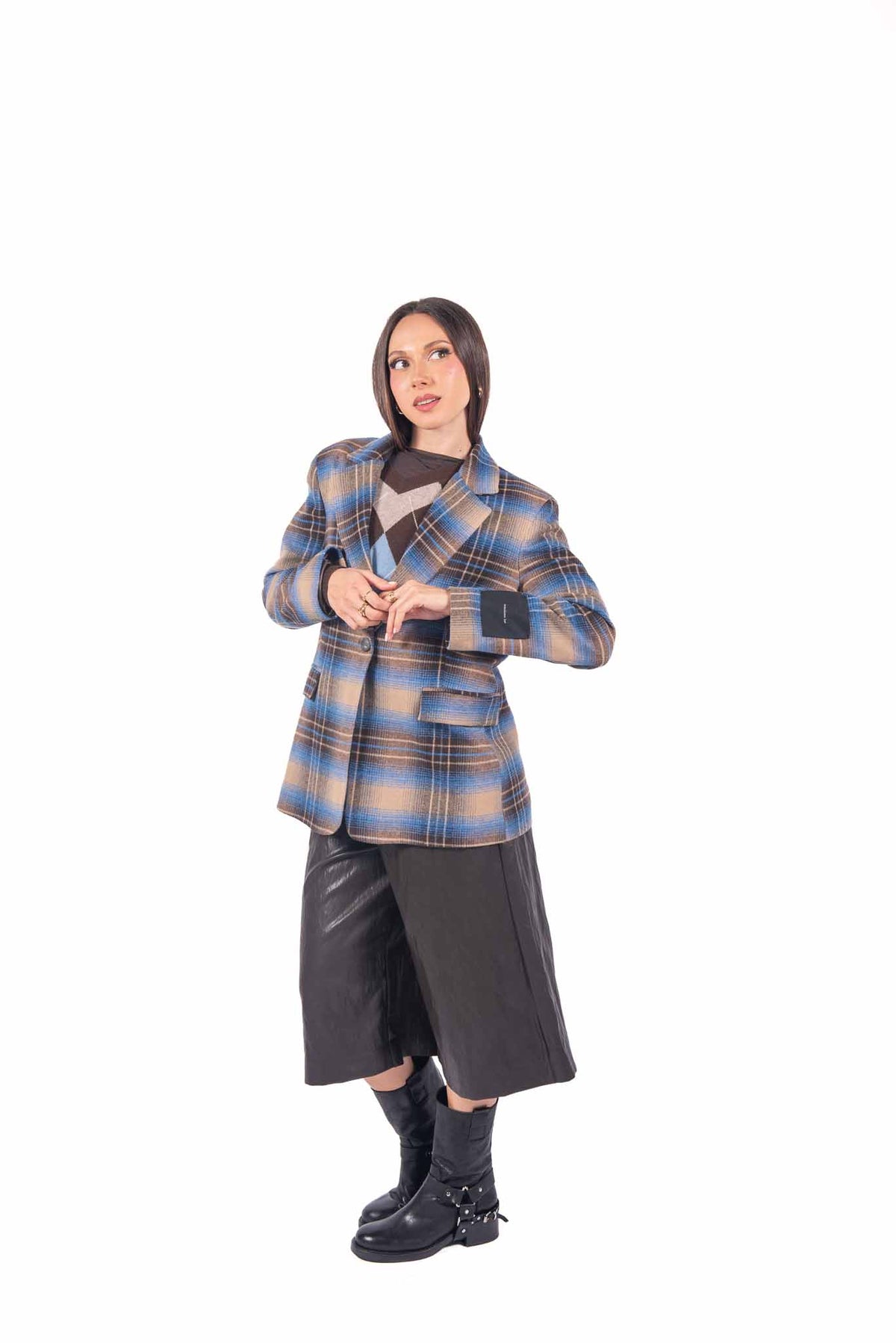 Blazer Sartoriale Tartan Blu/Cammello Monobottone. donna Tensione in - 3