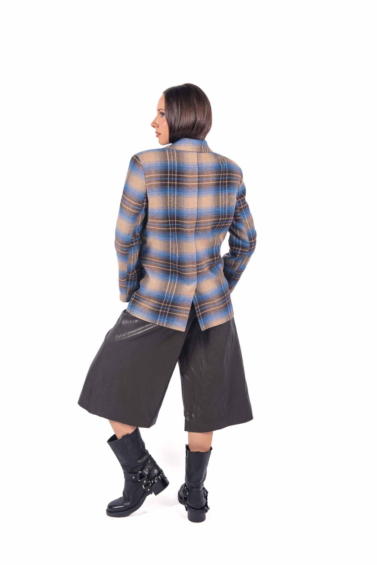 Blazer Sartoriale Tartan Blu/Cammello Monobottone. donna Tensione in - 4