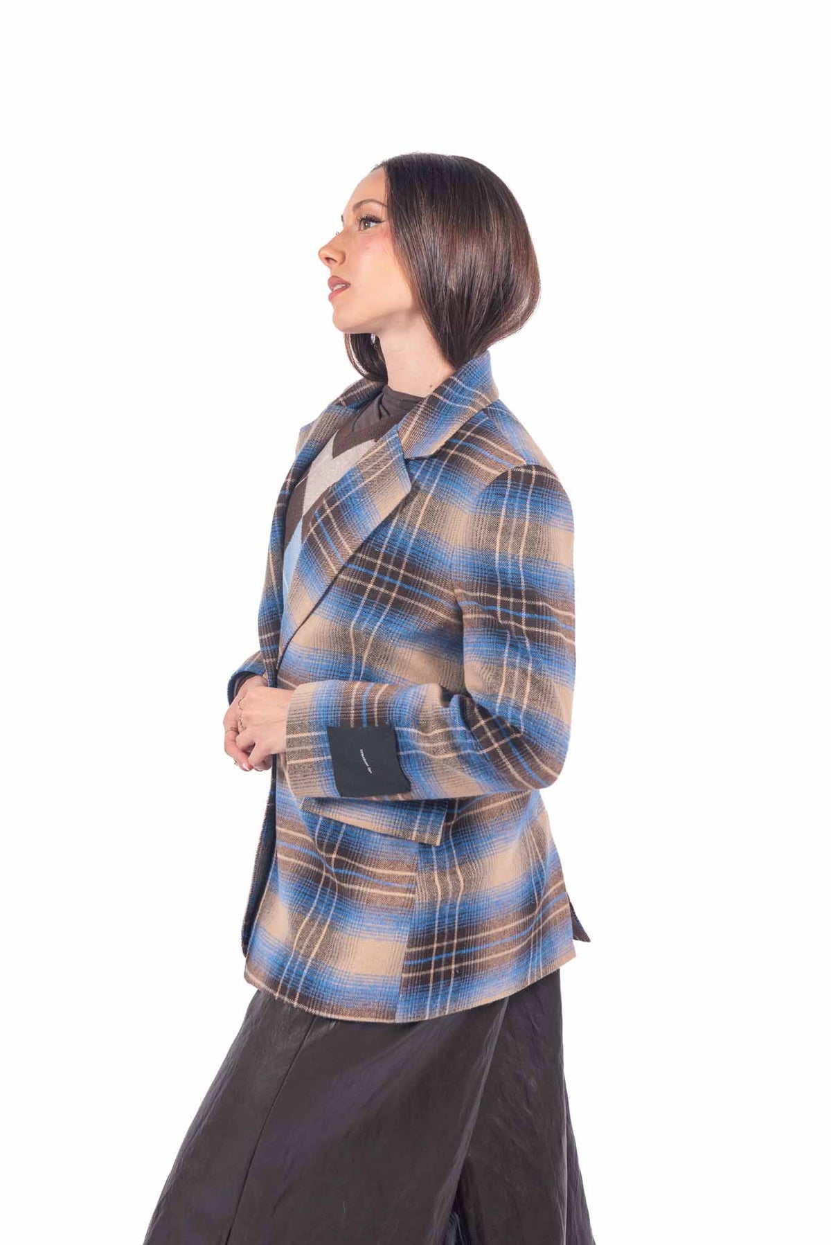 Blazer Sartoriale Tartan Blu/Cammello Monobottone. donna Tensione in - 6