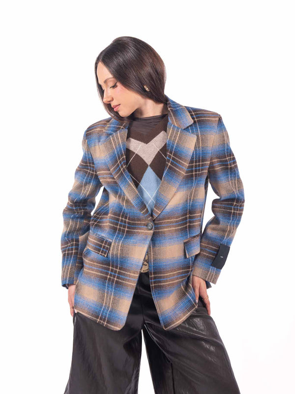 Blazer Sartoriale Tartan Blu/Cammello Monobottone. da donna Tensione in