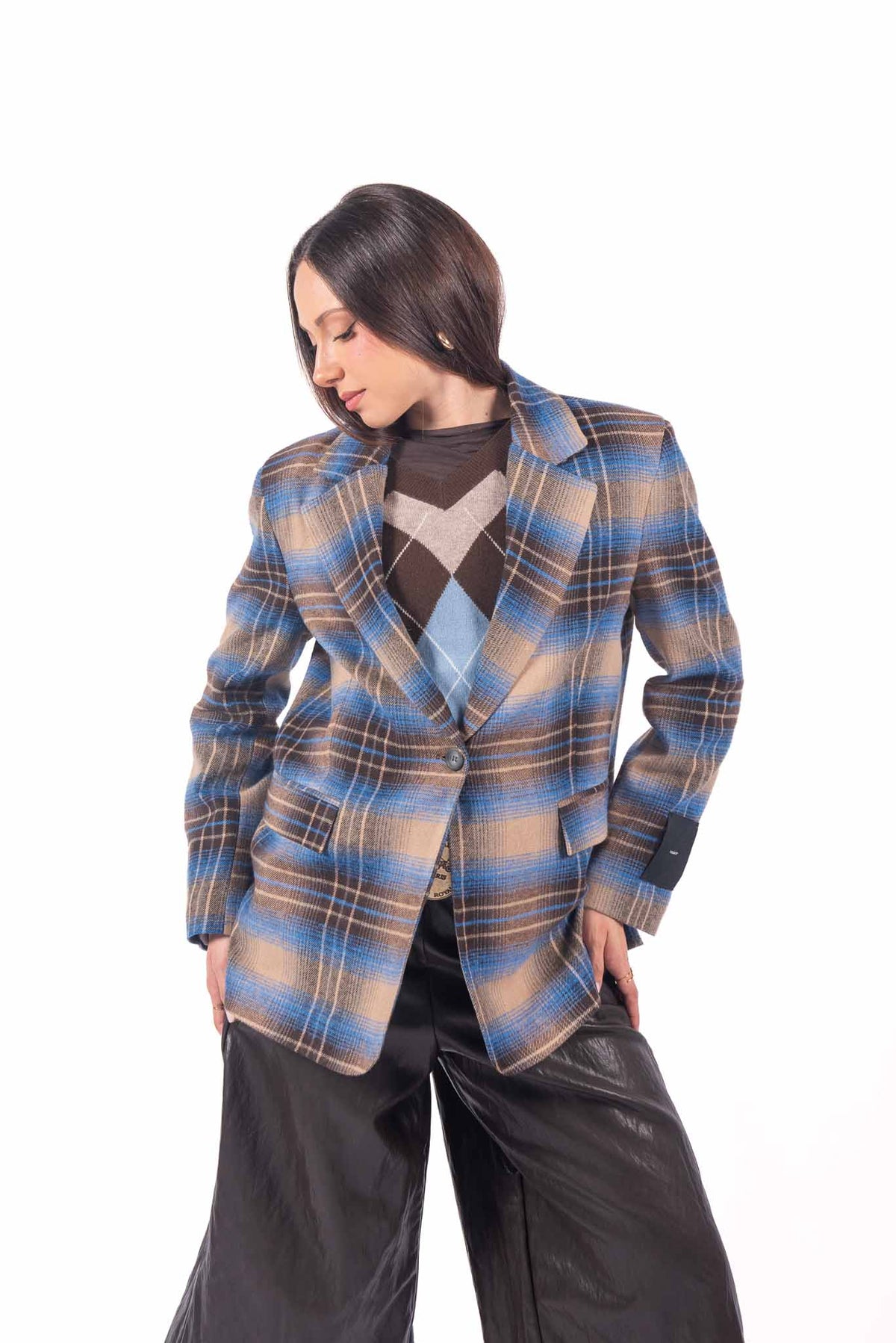 Blazer Sartoriale Tartan Blu/Cammello Monobottone. donna Tensione in - 1