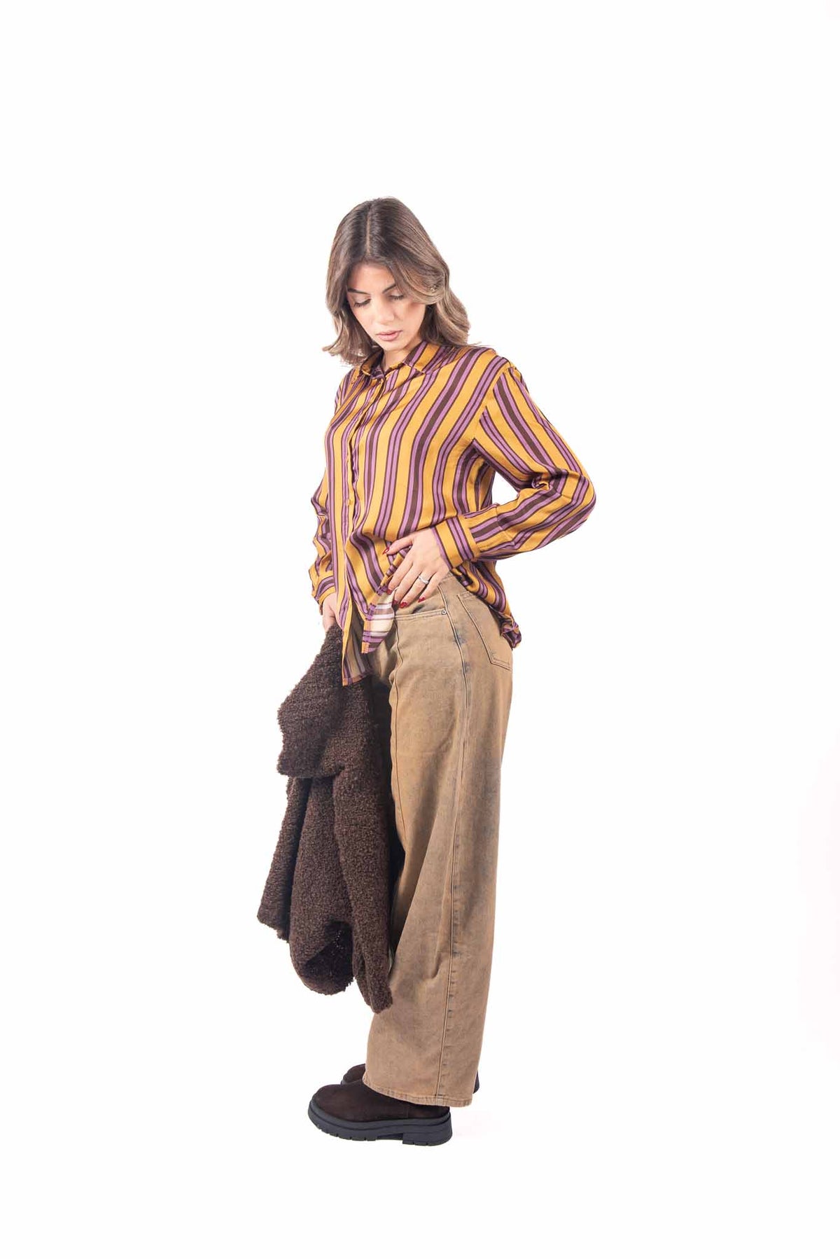 Camicia in Satin a Righe Senape/Viola donna Miss love - 3
