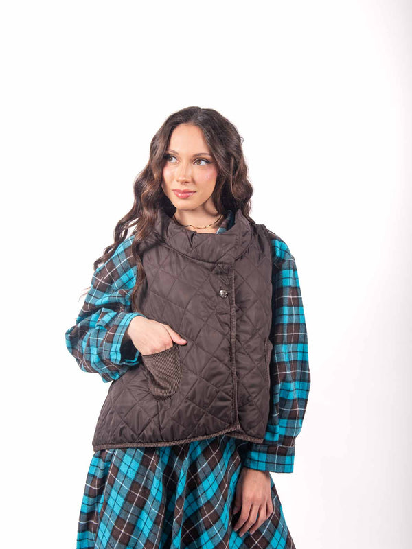 Gilet Trapuntato Marrone con Dettagli in Velluto a Coste da donna Miss love