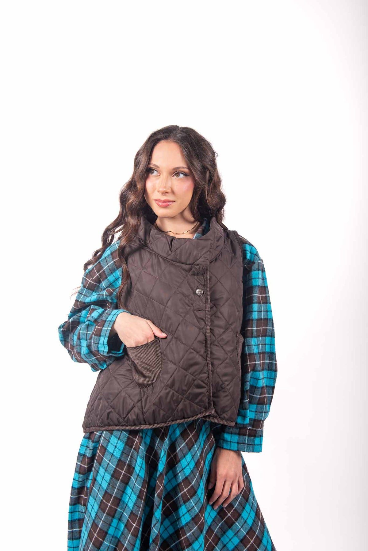 Gilet Trapuntato Marrone con Dettagli in Velluto a Coste donna Miss love - 1
