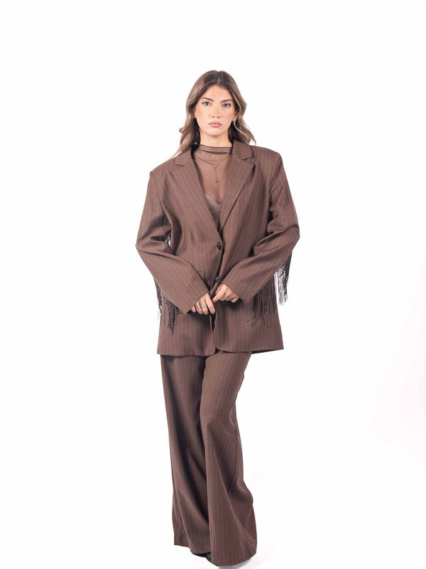 Blazer Sartoriale Marrone Gessato con Frange da donna Miss love