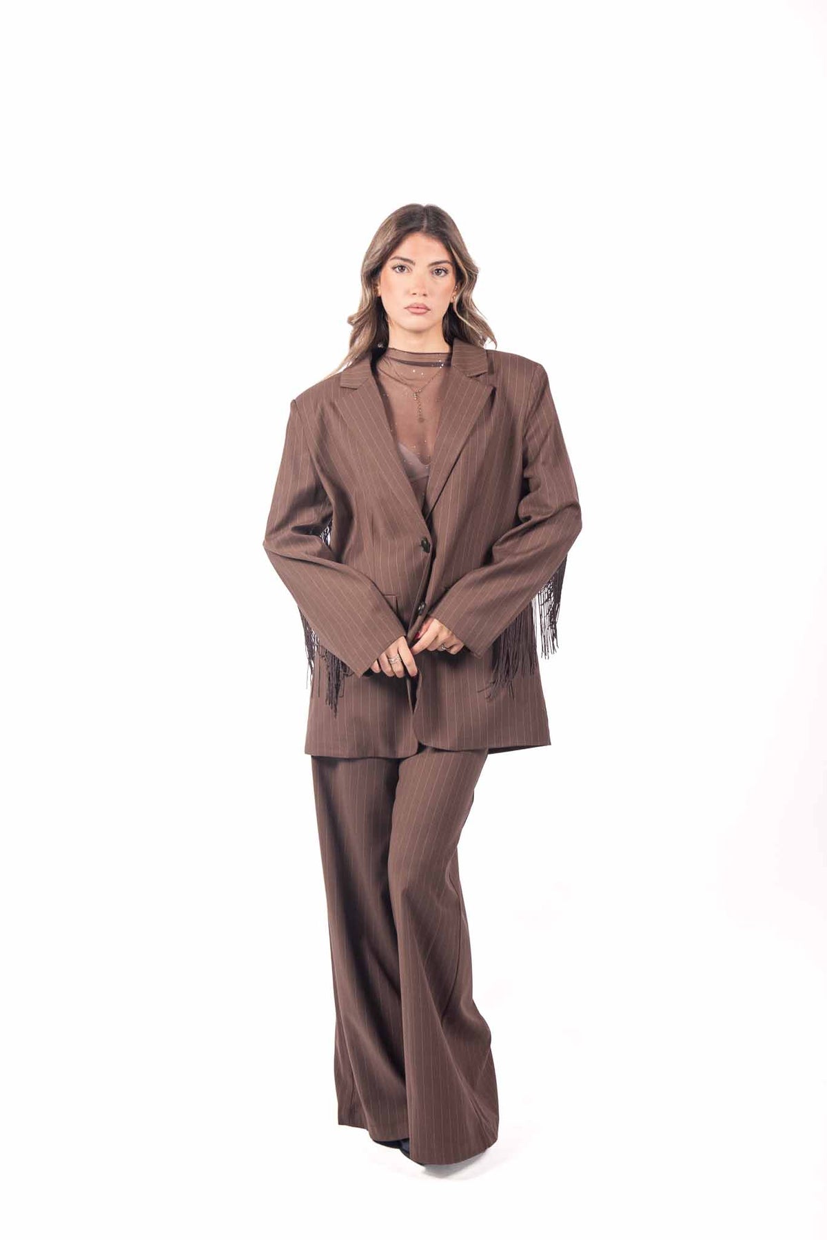 Blazer Sartoriale Marrone Gessato con Frange donna Miss love - 1