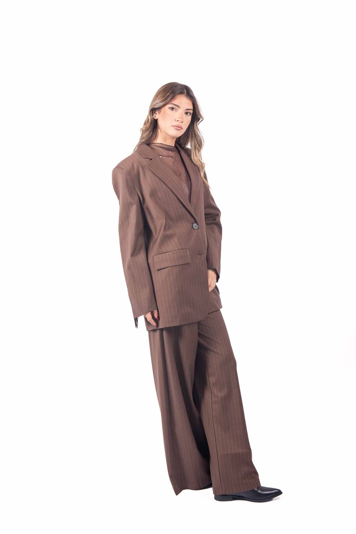 Blazer Sartoriale Marrone Gessato con Frange donna Miss love - 3