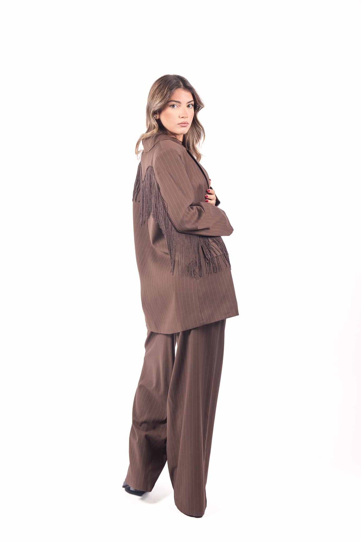 Blazer Sartoriale Marrone Gessato con Frange donna Miss love - 4