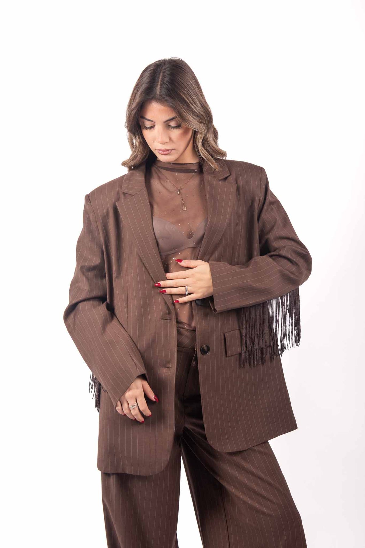 Blazer Sartoriale Marrone Gessato con Frange donna Miss love - 6