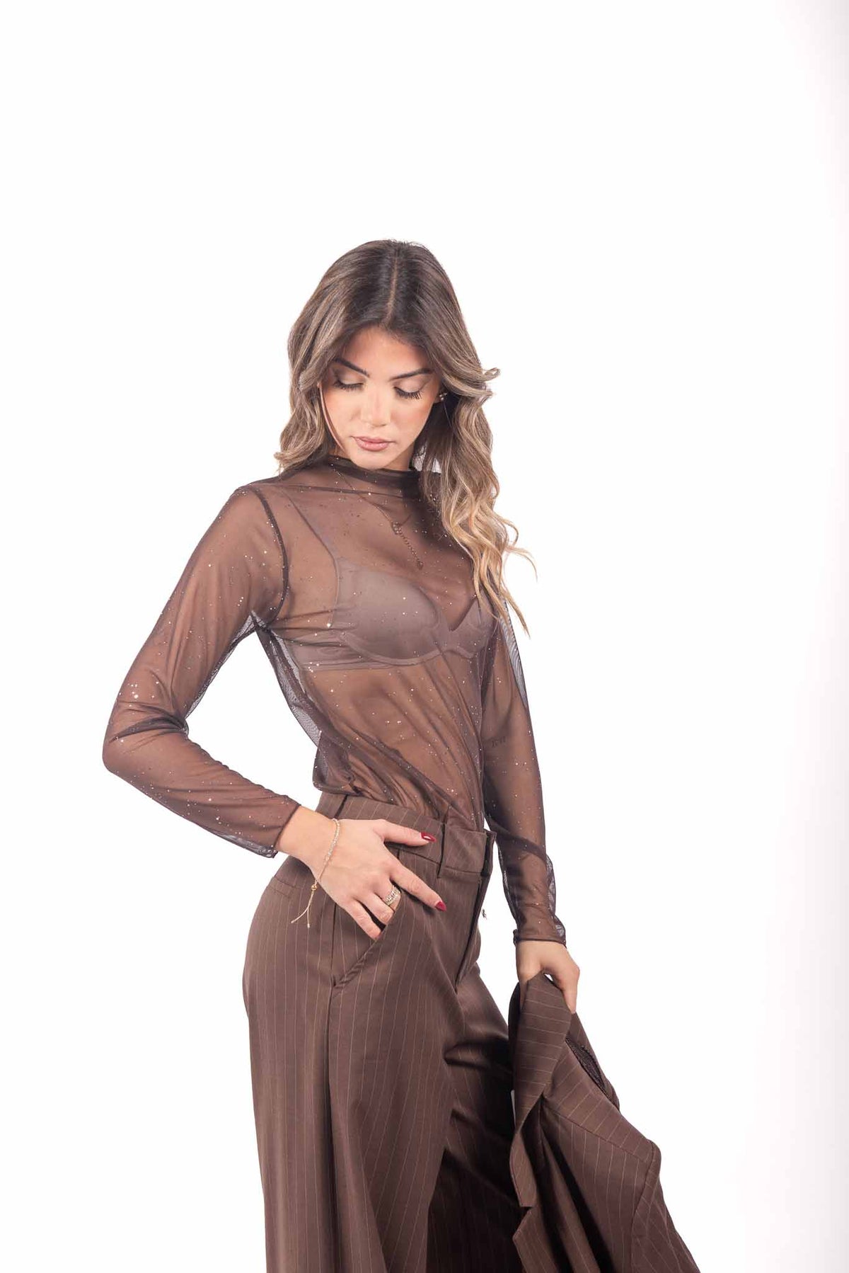 Maglia in Mesh Cioccolato con Strass donna Miss love - 5