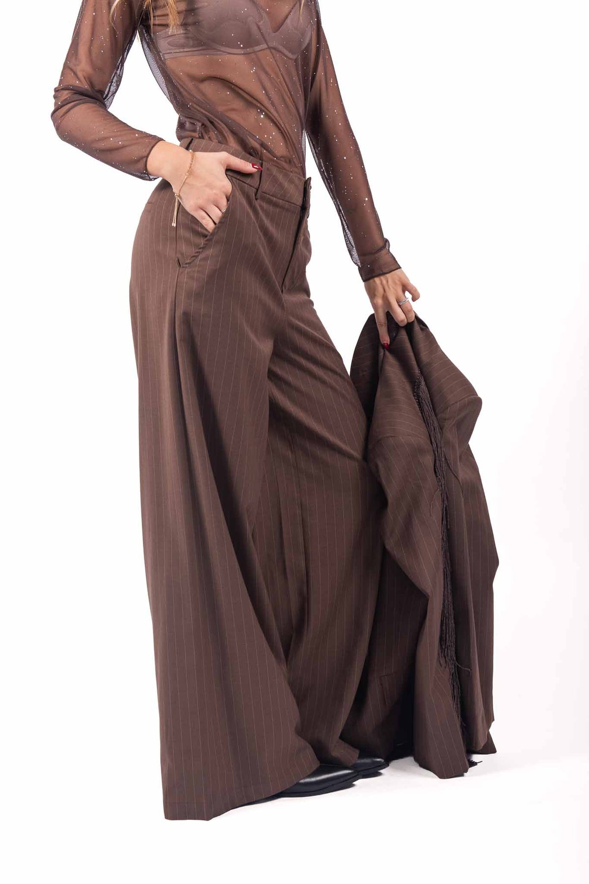 Pantaloni Sartoriali Marrone Gessato donna Miss love - 4