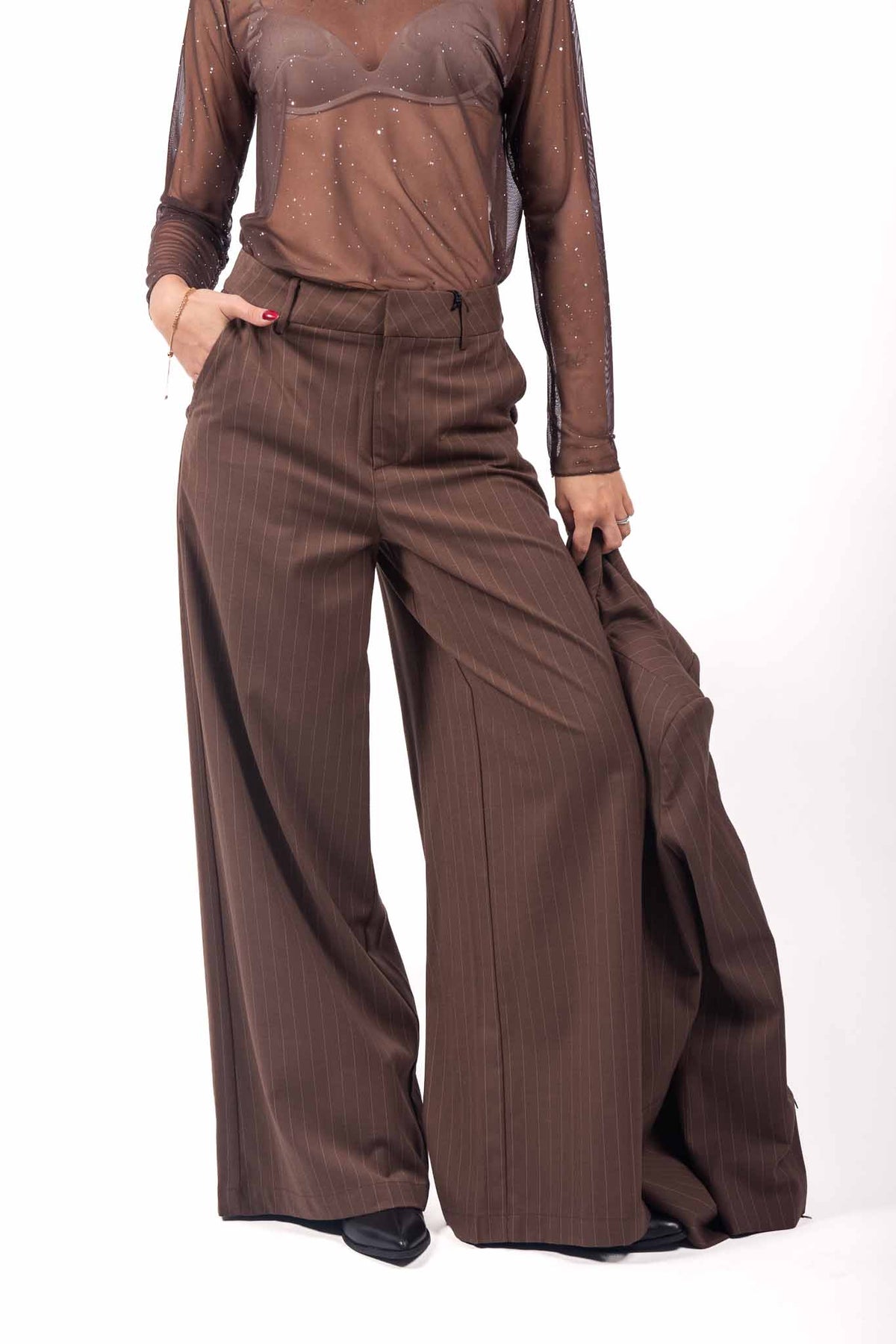 Pantaloni Sartoriali Marrone Gessato donna Miss love - 1