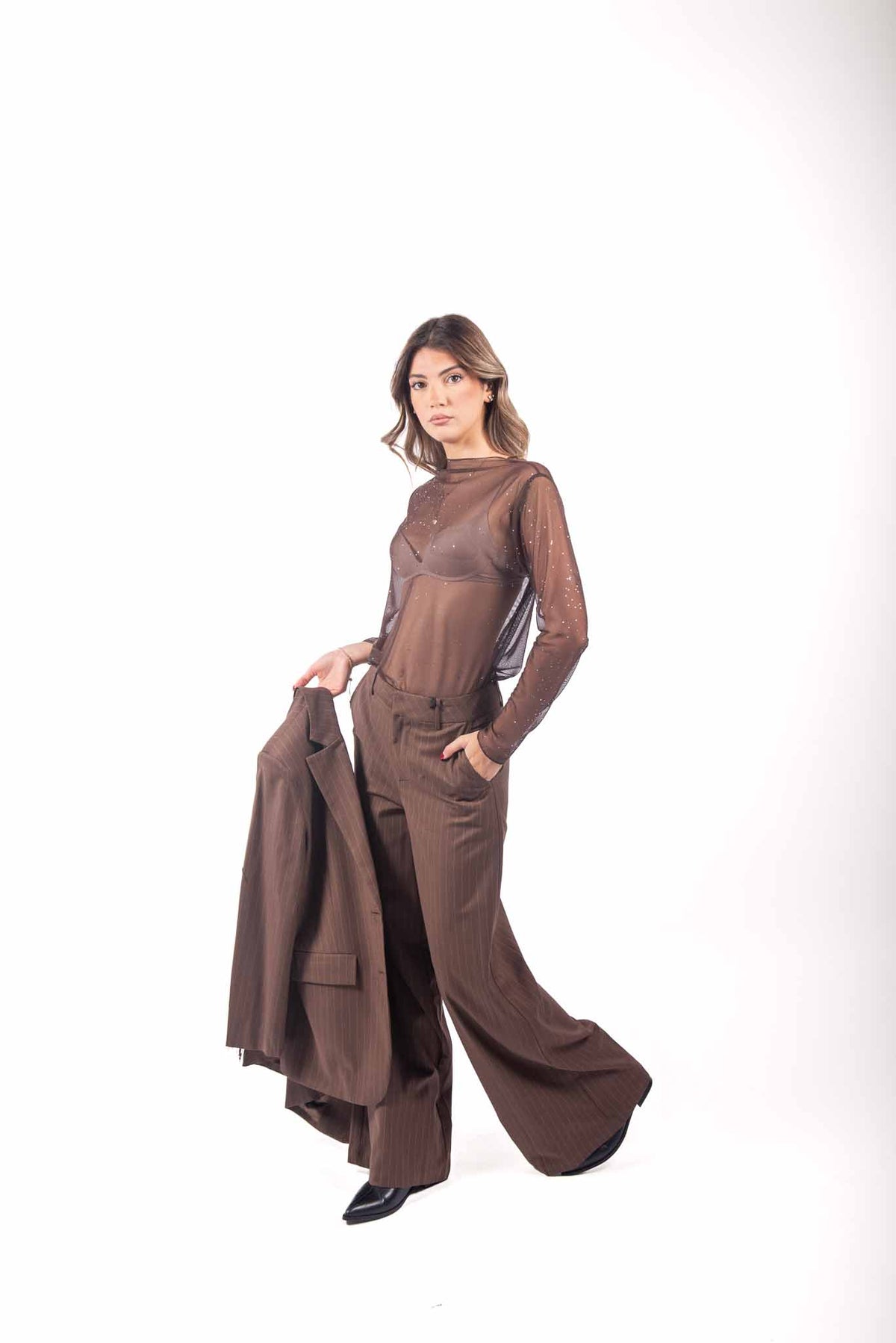 Pantaloni Sartoriali Marrone Gessato donna Miss love - 3