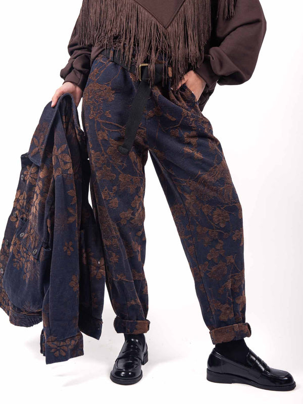 Pantaloni Carrot in Denim Jacquard Floreale con Cintura da donna Miss love