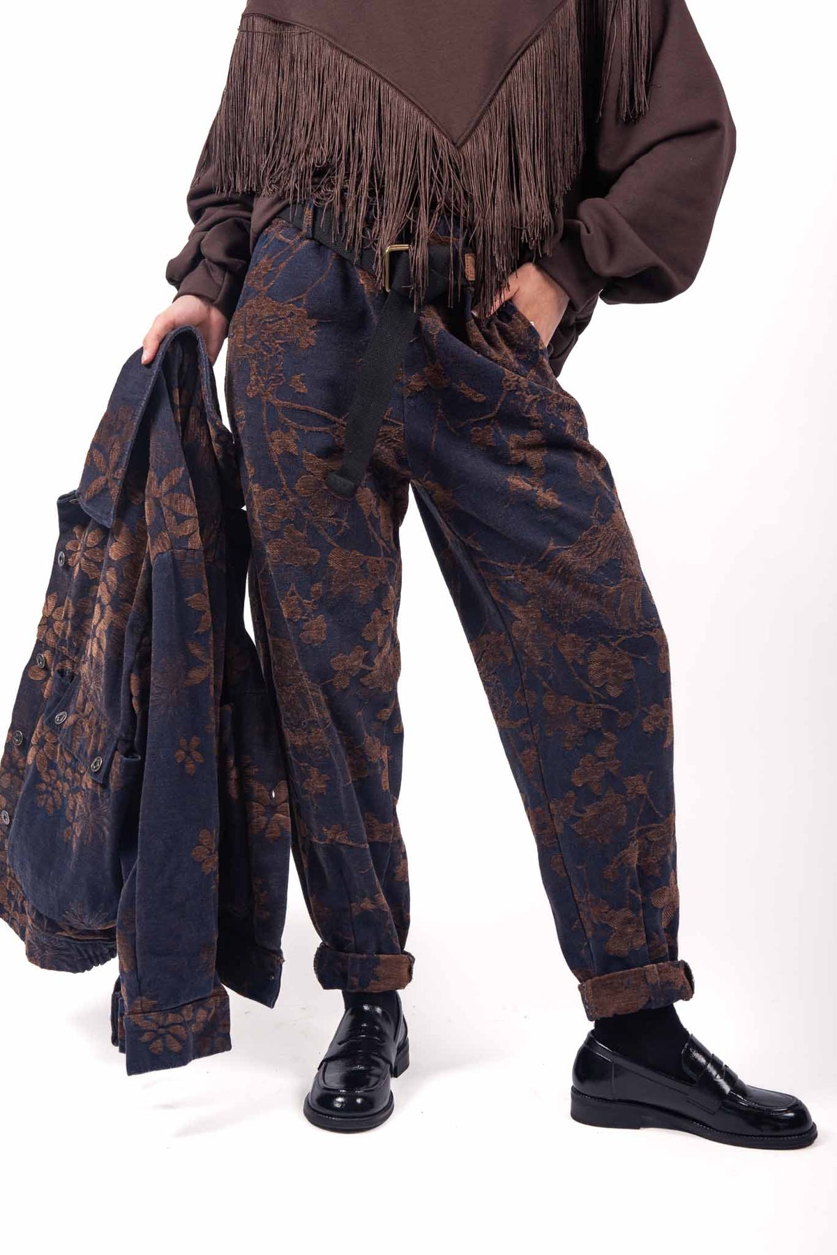 Pantaloni Carrot in Denim Jacquard Floreale con Cintura donna Miss love - 1