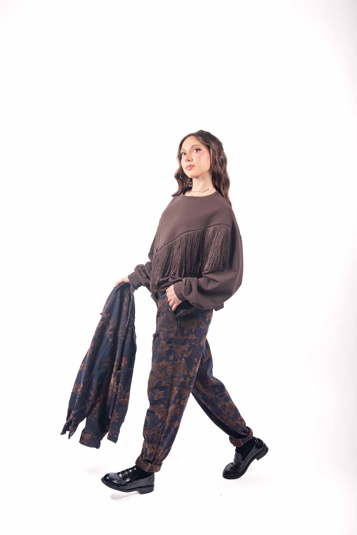 Pantaloni Carrot in Denim Jacquard Floreale con Cintura donna Miss love - 3