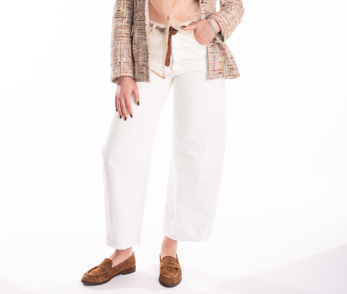 Pantaloni Wide Leg Denim Bianco con Cintura donna Tensione in - 1