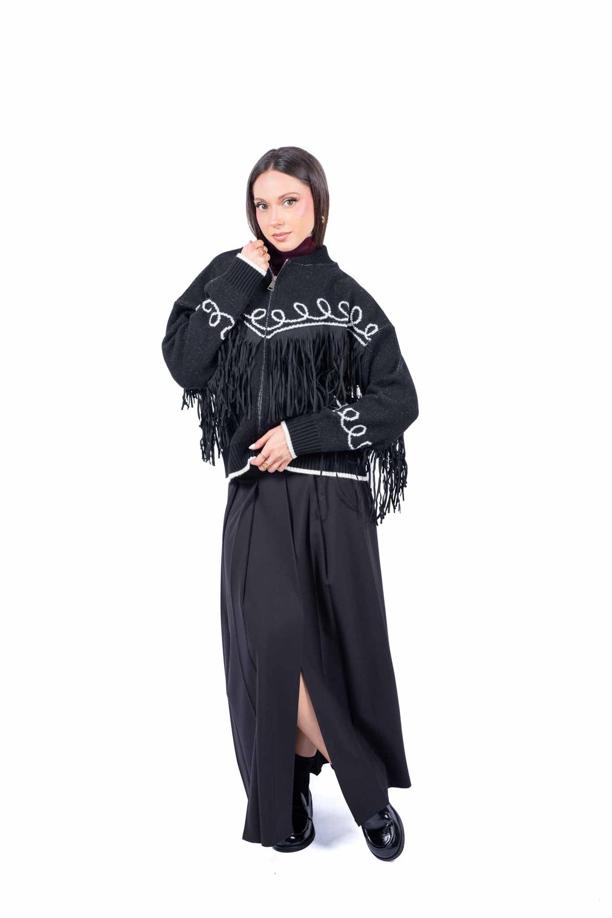 Bomber Tricot Nero con Frange donna Tensione in - 2