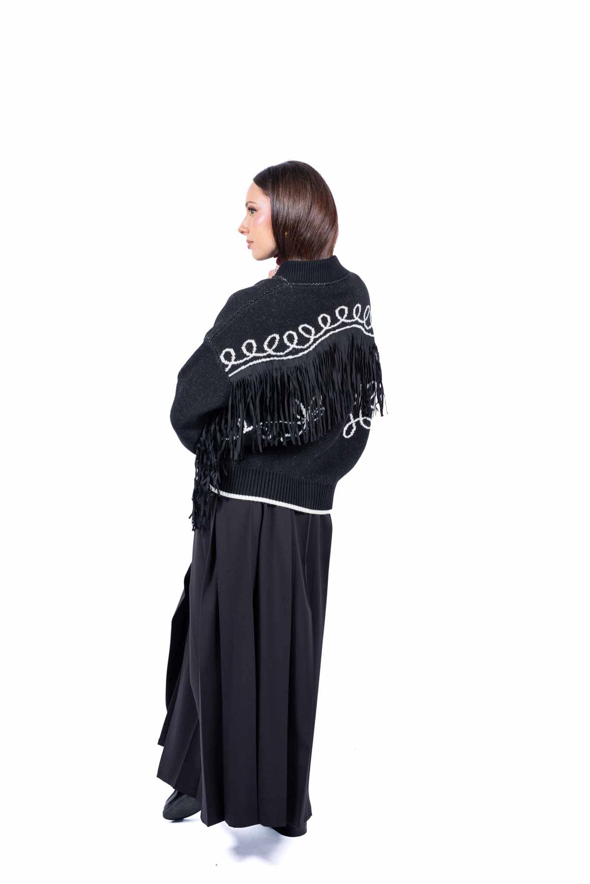 Bomber Tricot Nero con Frange donna Tensione in - 4