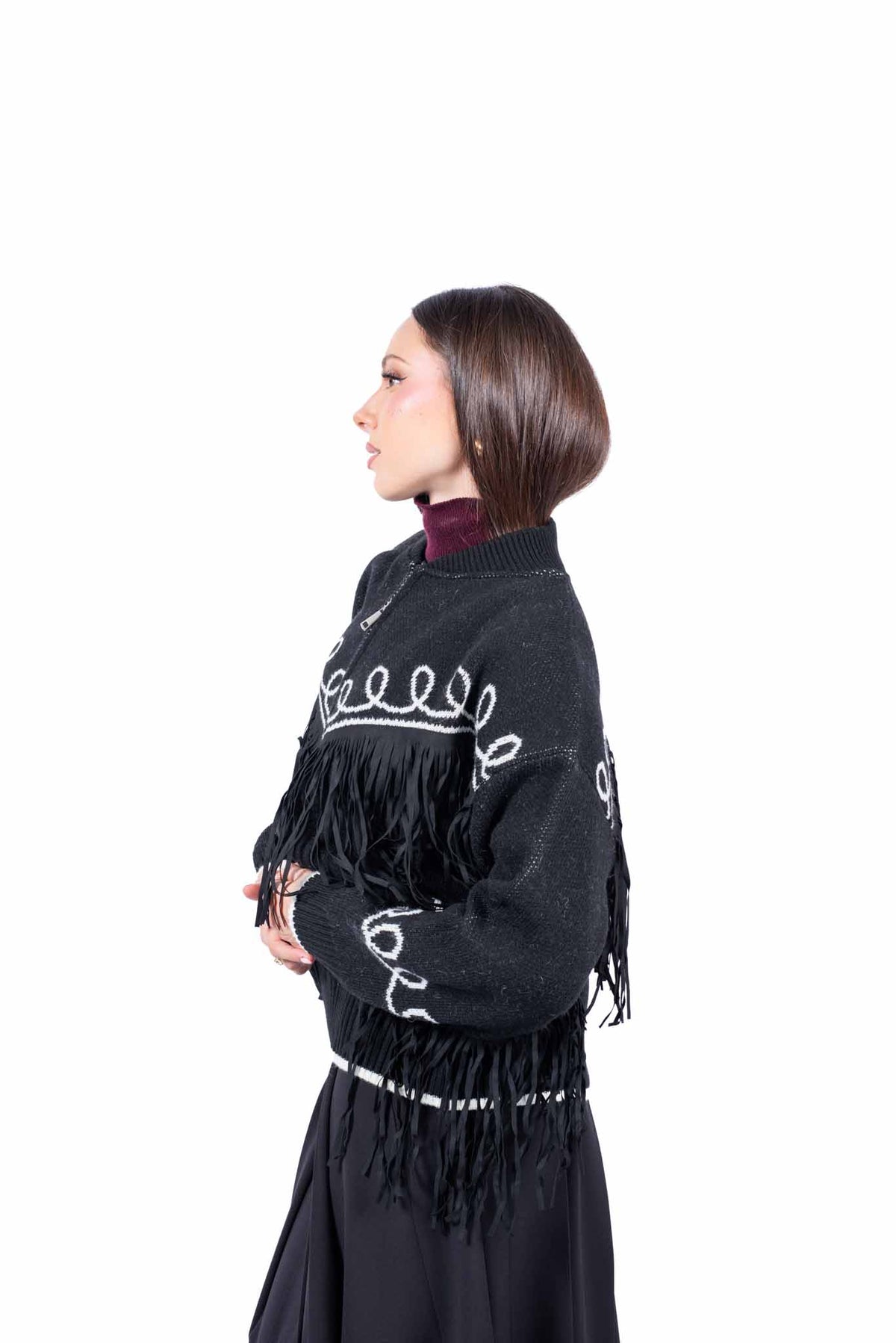 Bomber Tricot Nero con Frange donna Tensione in - 6