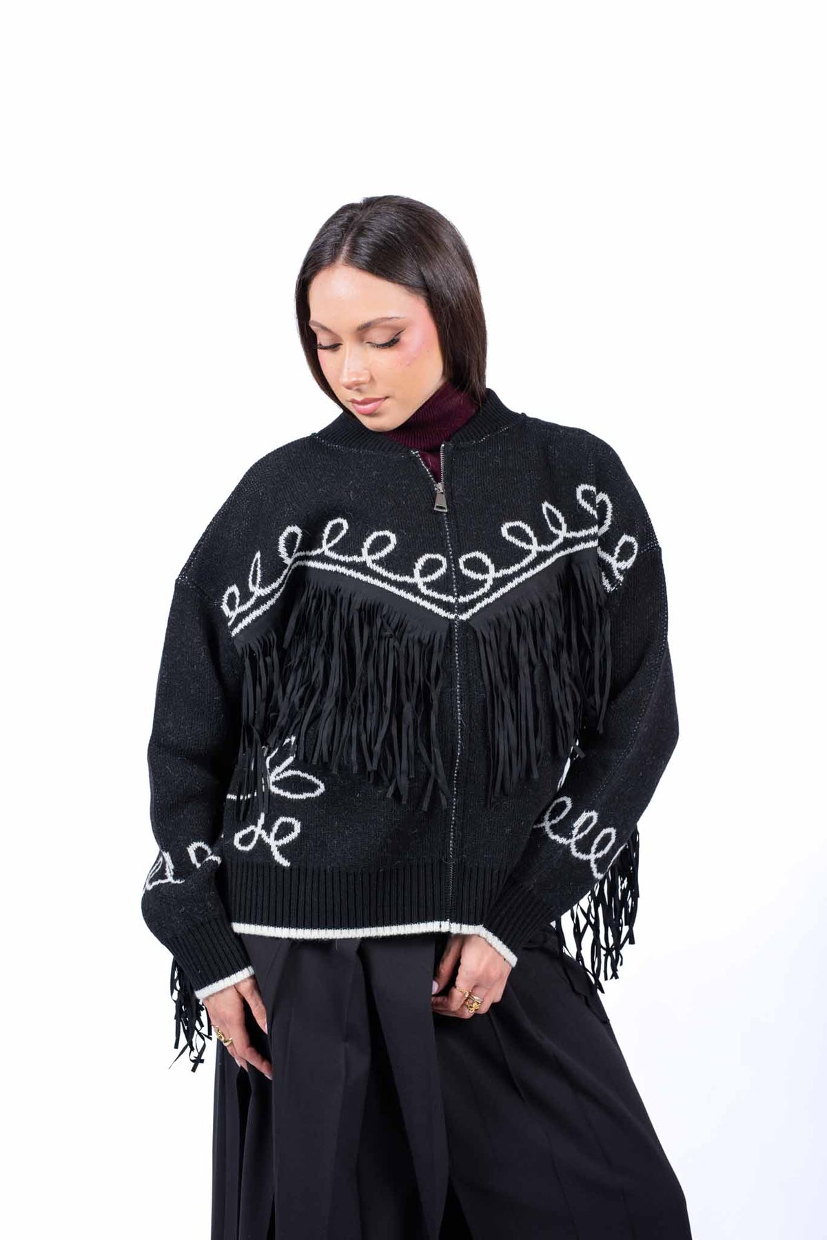 Bomber Tricot Nero con Frange donna Tensione in - 1