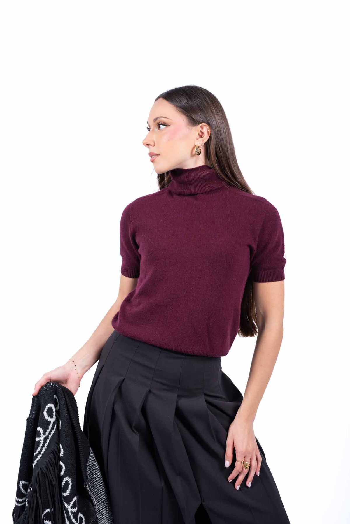 Maglia Mezza Manica in Filato Bordeaux a Collo Alto donna Tensione in - 1
