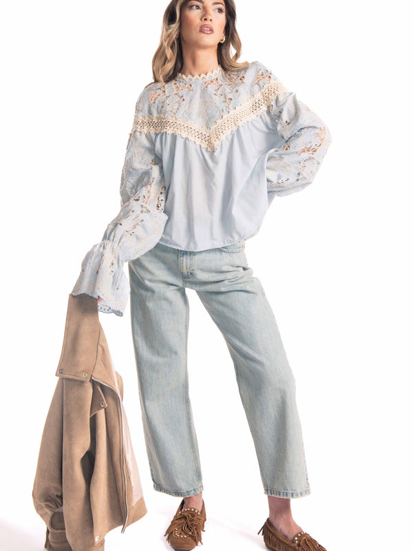 Blusa con Pizzo e Ricami Celeste da donna Tensione in